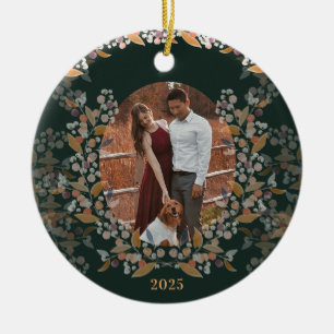 Dark Green Gold Framed Photo Holiday Ceramic Ornament