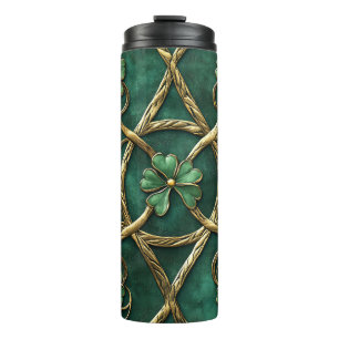 DARK GREEN & GOLD IRISH CELTIC KNOTS & SHAMROCKS THERMAL TUMBLER