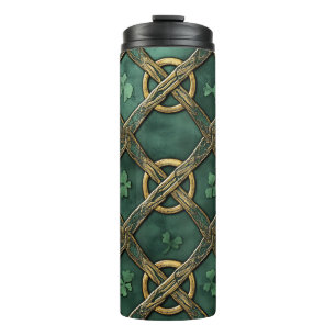 DARK GREEN & GOLD IRISH CELTIC KNOTS & SHAMROCKS THERMAL TUMBLER