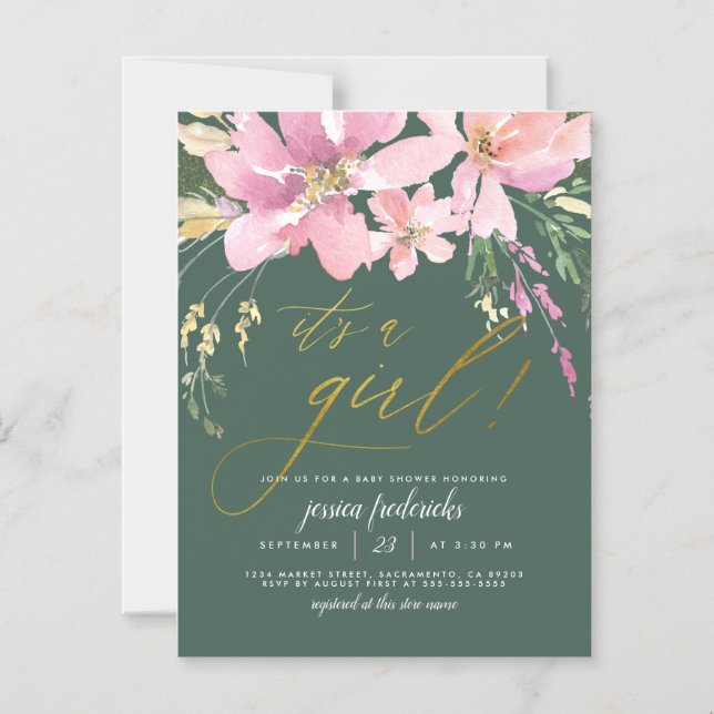 Dark Green & Gold It's A Girl Floral Baby Shower Magnetic Invitation (Front)