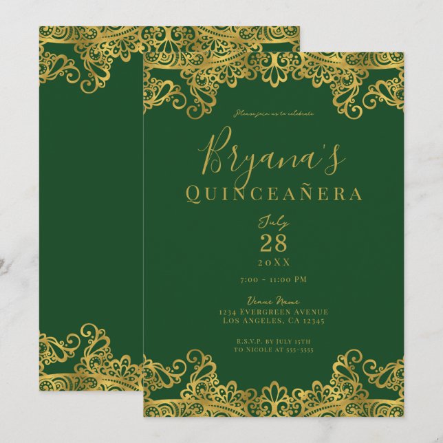 Dark Green & Gold Lace Elegant Quinceañera Party  Invitation (Front/Back)
