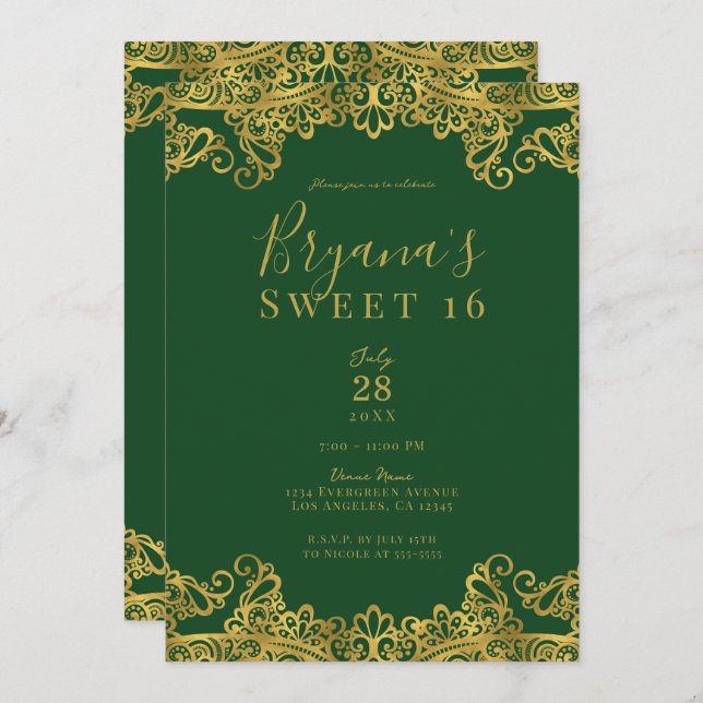 Dark Green & Gold Lace Elegant Sweet 16 Party  Invitation (Front/Back)