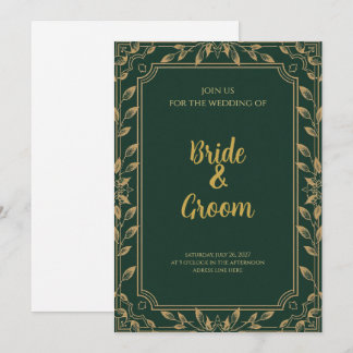 Dark Green Gold Leaf Botanical Elegant Vintage Invitation