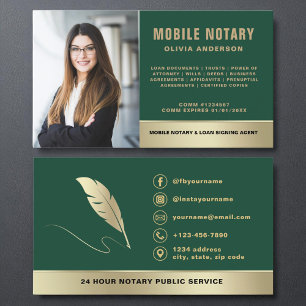 Dark Green Gold Mobile Notary Signing Agent Photo  Business Card
