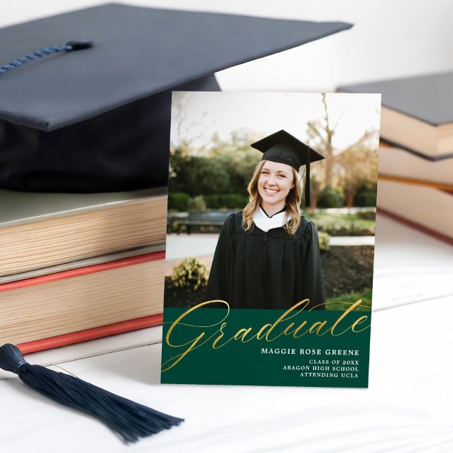Dark Green Gold Modern Script | Graduation Photo Announcement (Creator Uploaded)
