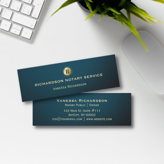 Dark Green & Gold Monogram Sleek Notary Business  Mini Business Card (Creator Uploaded)