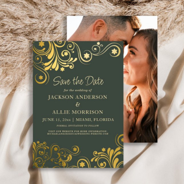 Dark Green Gold Swirls Photo Wedding Save The Date (Dark green and gold wedding Save the Date photo card)