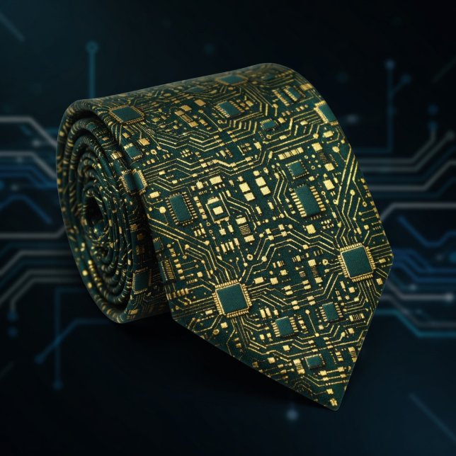 Dark Green Gold Tech Motherboard Pattern Tie (Creator Uploaded)