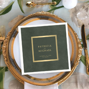 Dark green gold wedding bride and groom napkin