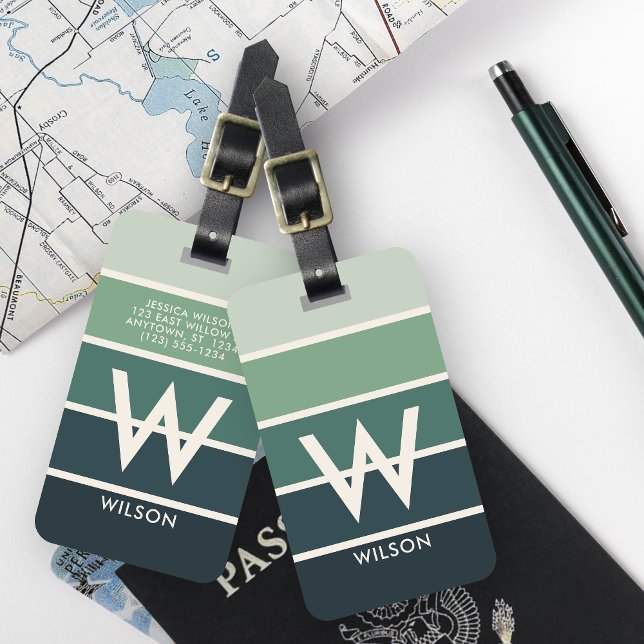 Dark Green Gradient Striped Monogram Personal Luggage Tag (Creator Uploaded)