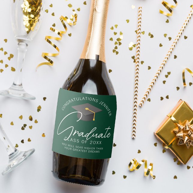 Dark Green Graduate Personalised Graduation Party Sparkling Wine Label (Creator Uploaded)