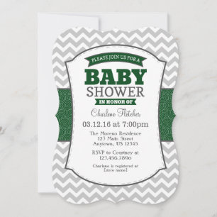 Dark Green Grey Chevron Baby Shower Invitation