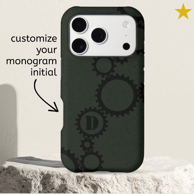 Dark Green Grunge Cogs Gears Monogrammed Initial (Creator Uploaded)