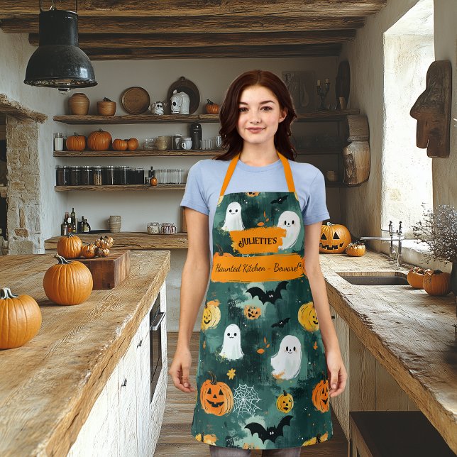 Dark Green Halloween with Ghosts, Pumpkins, Bats   Apron (Creator Uploaded)