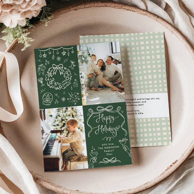 Dark Green Hand Drawn Bows Happy Holidays 2 Photo Holiday Card (Creator Uploaded)