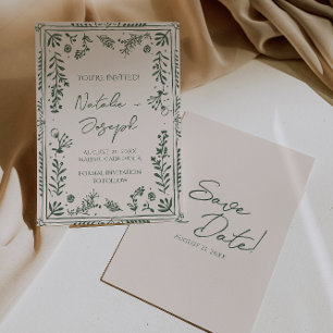 Dark Green Hand Drawn Floral Garden Boho Wedding  Save The Date