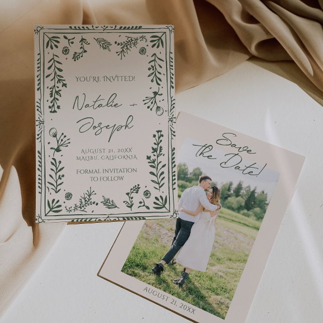 Dark Green Hand Drawn Floral Garden Photo Wedding  Save The Date (Creator Uploaded)