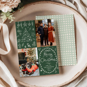 Dark Green Hand Drawn Merry Christmas 2 Photo Holiday Card