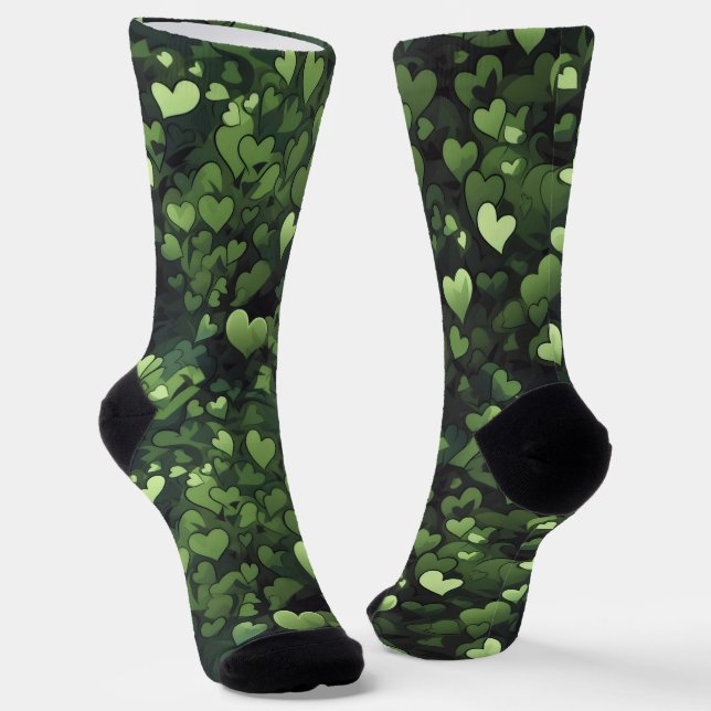 Dark Green Heart Pattern Socks (Angled)