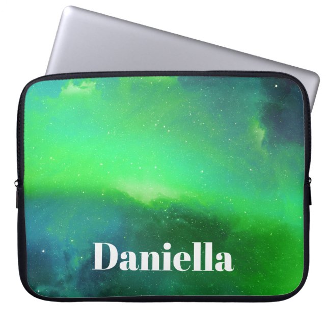 Dark Green Holographic Sky with Custom Name Laptop Sleeve (Front)