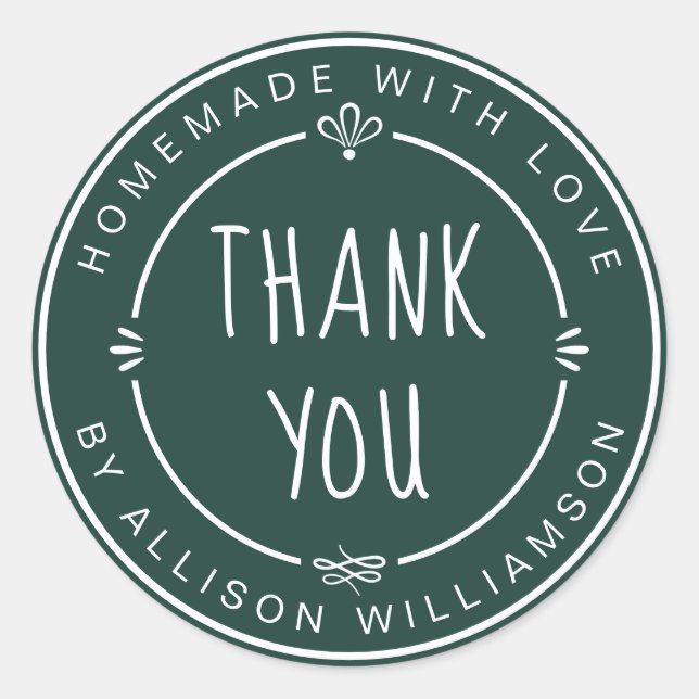 Dark Green Homemade Thank You Classic Round Sticker (Front)