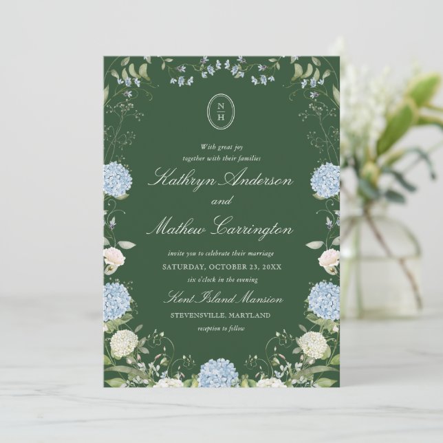 Dark Green Hydrangea Monogram Wedding Invitation (Standing Front)