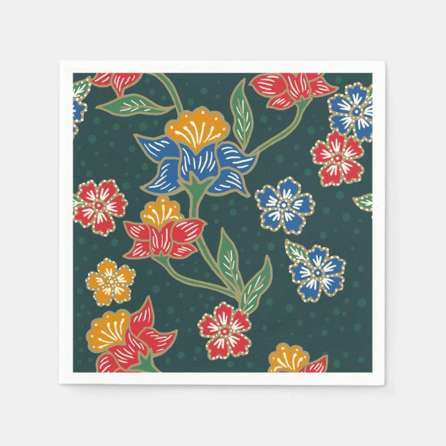 Dark green Indonesian floral vines Batik pattern Napkin (Front)