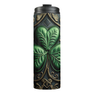 DARK GREEN INTRICATE IRISH CELTIC SHAMROCKS THERMAL TUMBLER