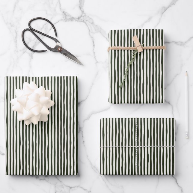 Dark Green & Ivory Wonky Stripes Wrapping Paper Sheet (Front)