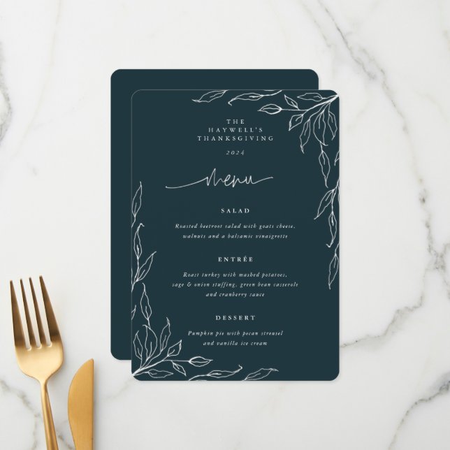 Dark Green Leaf Motif Thanksgiving Dinner Menu (Front/Back In Situ)