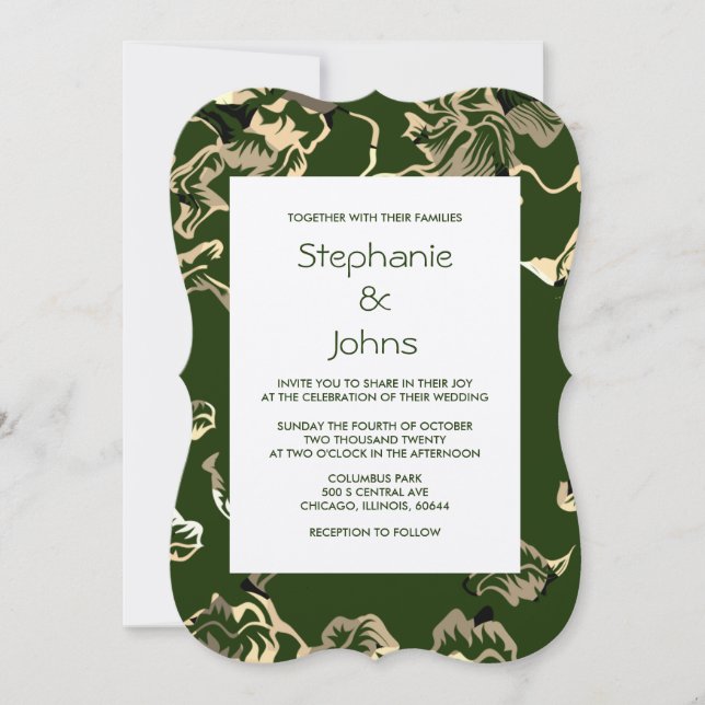 Dark Green Leafy Leaves Classy Silver Wedding Invitation (Front)