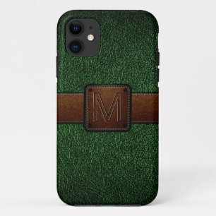 Dark green leather look brown tag iPhone 11 case