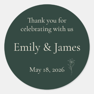 Dark Green Lily Personalised Wedding Thank You Classic Round Sticker