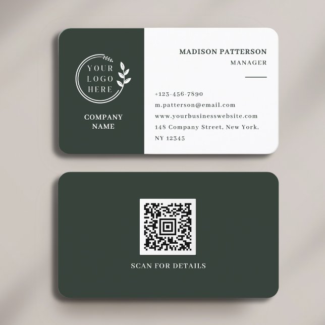 Dark Green Logo QR Code Minimalist Business Card (Creator Uploaded)