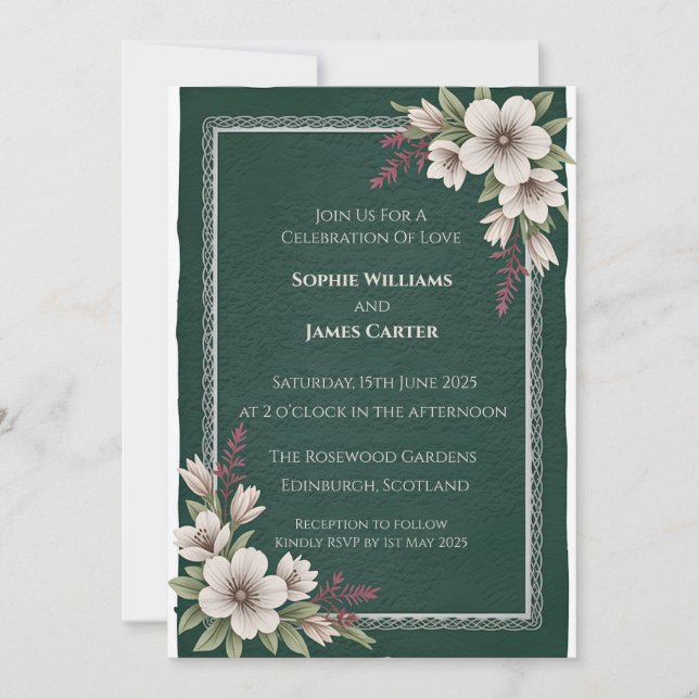 Dark Green Magnolia Celtic Border Scottish Wedding Invitation (Front)