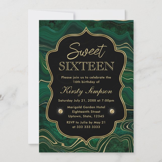 Dark Green Malachite and Gold Foil Strata Sweet 16 Invitation (Front)