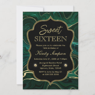 Dark Green Malachite and Gold Foil Strata Sweet 16 Invitation