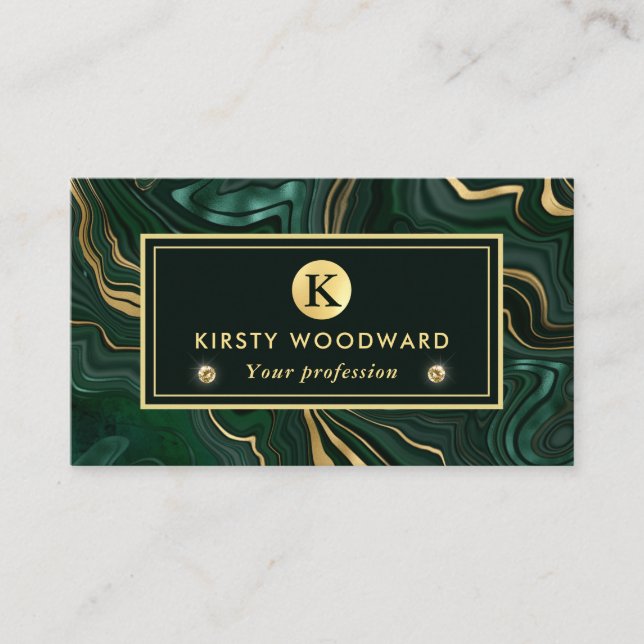 Dark Green Malachite and Gold Foil Strata Veining Business Card (Front)