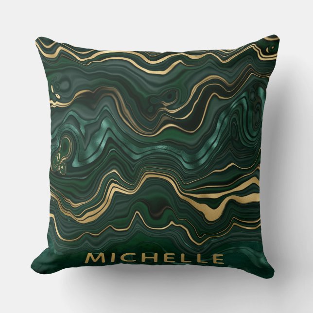 Dark Green Malachite and Gold Foil Strata Veining Cushion (Front)