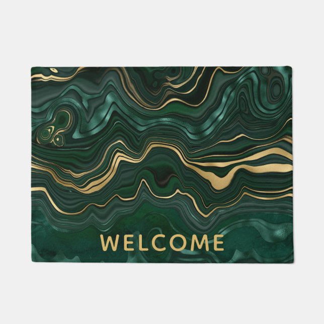 Dark Green Malachite and Gold Foil Strata Veining Doormat (Front)