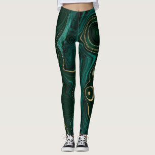Dark Green Malachite and Gold Foil Strata Veining Leggings