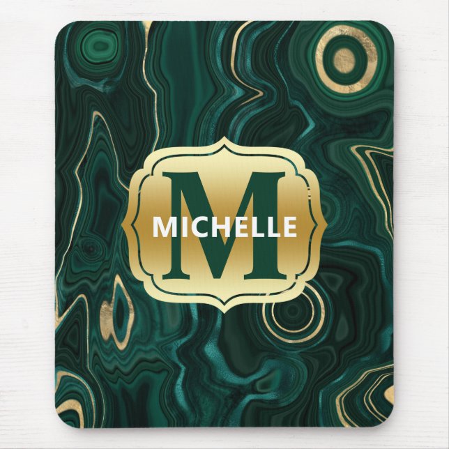 Dark Green Malachite and Gold Foil Strata Veining Mouse Pad (Front)