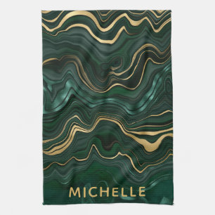 Dark Green Malachite and Gold Foil Strata Veining Tea Towel