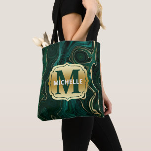 Dark Green Malachite and Gold Foil Strata Veining Tote Bag