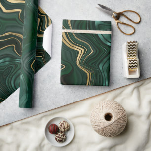Dark Green Malachite and Gold Foil Strata Veining Wrapping Paper