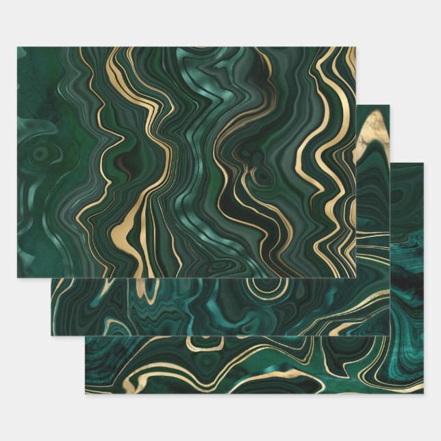 Dark Green Malachite and Gold Foil Strata Veining Wrapping Paper Sheet (Set)