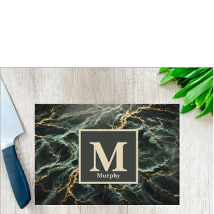 Dark Green Marble & Gold Vein Monogram Cutting Board