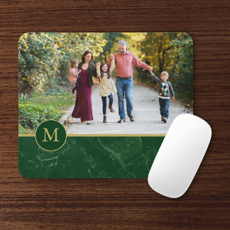 Dark Green Marble Tan Monogram Family Photo Mouse Pad