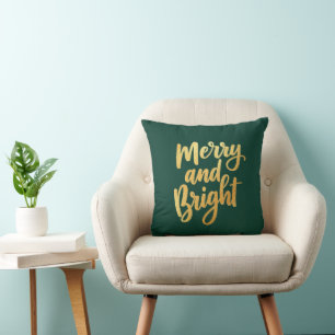 Dark Green Merry and Bright - Gold Script Decor Cushion
