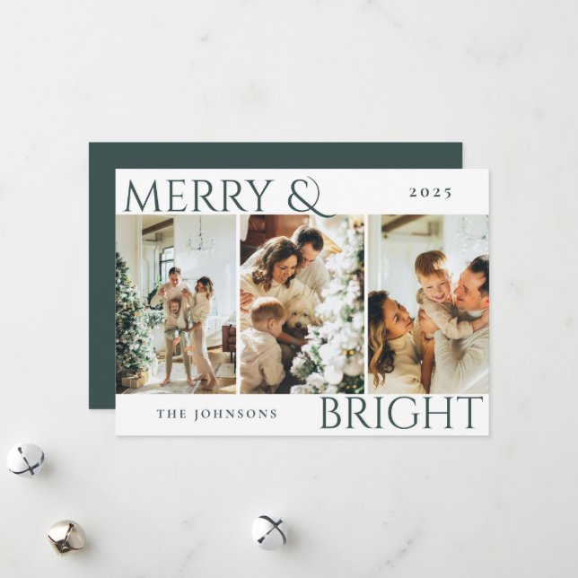 Dark Green Merry & Bright Photo Collage Christmas Holiday Card (Front/Back In Situ)